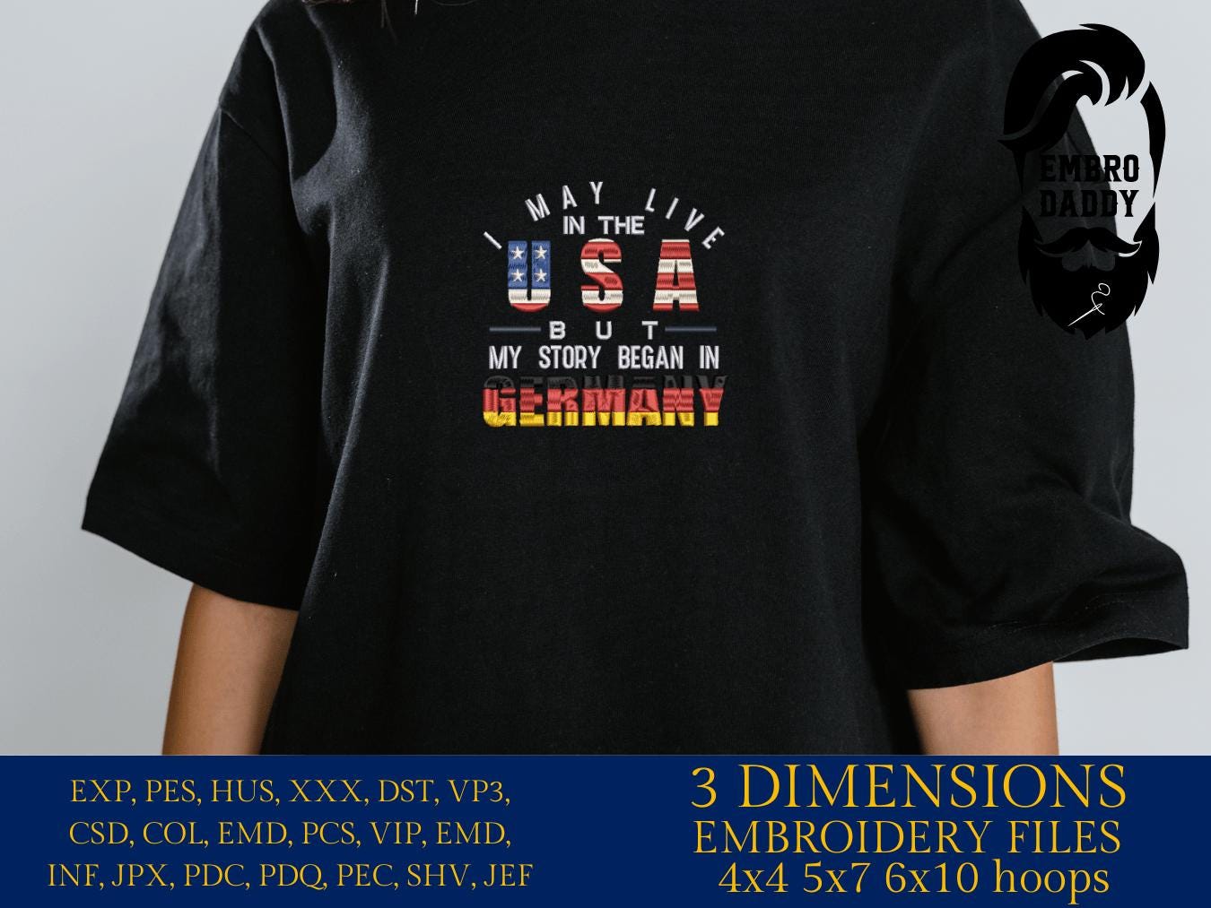 Machine Embroidery files, Germany, German, I Live USA But My Story Began, Flag, Country, PES, xxx, hus, dst & more
