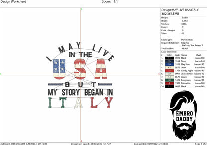 Machine Embroidery files, Italy, Italian, I Live USA But My Story Began, Flag, Country, PES, xxx, hus, dst & more