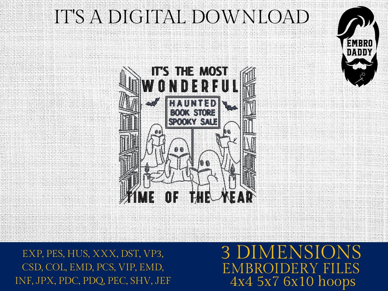 Machine Embroidery files, Haunted Bookstore Halloween, Retro Spooky Bookish, Halloween, Book lover, Boo Ghost Read Book PES, xxx, hus & more