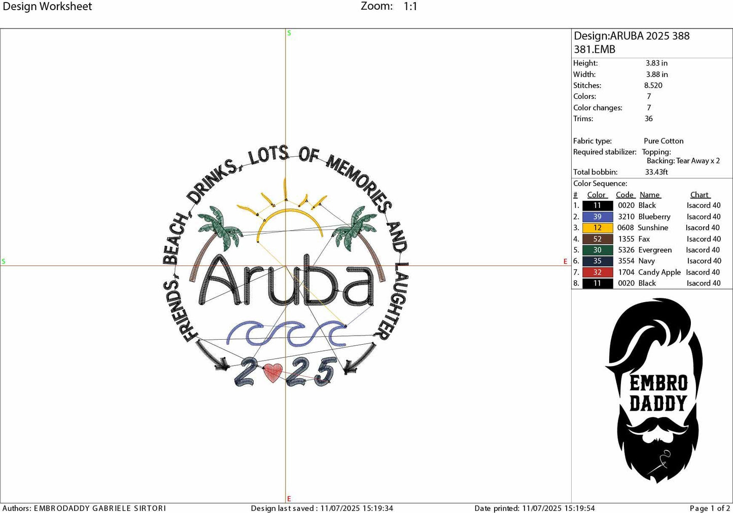 Machine Embroidery files, Aruba 2025, family vacation, beach, family trip, PES, xxx, hus & more