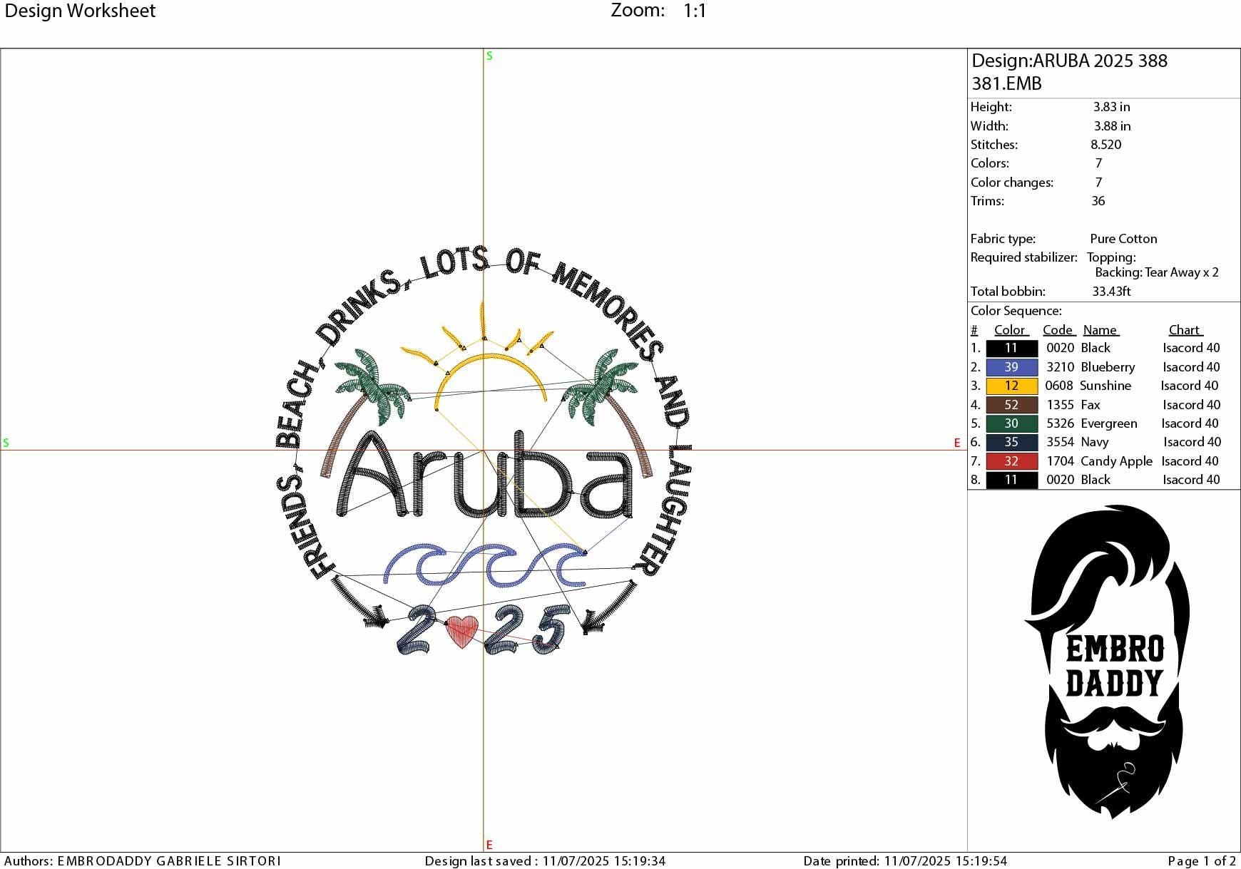 Machine Embroidery files, Aruba 2025, family vacation, beach, family trip, PES, xxx, hus & more