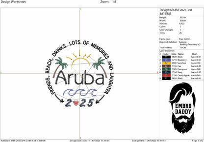Machine Embroidery files, Aruba 2025, family vacation, beach, family trip, PES, xxx, hus & more