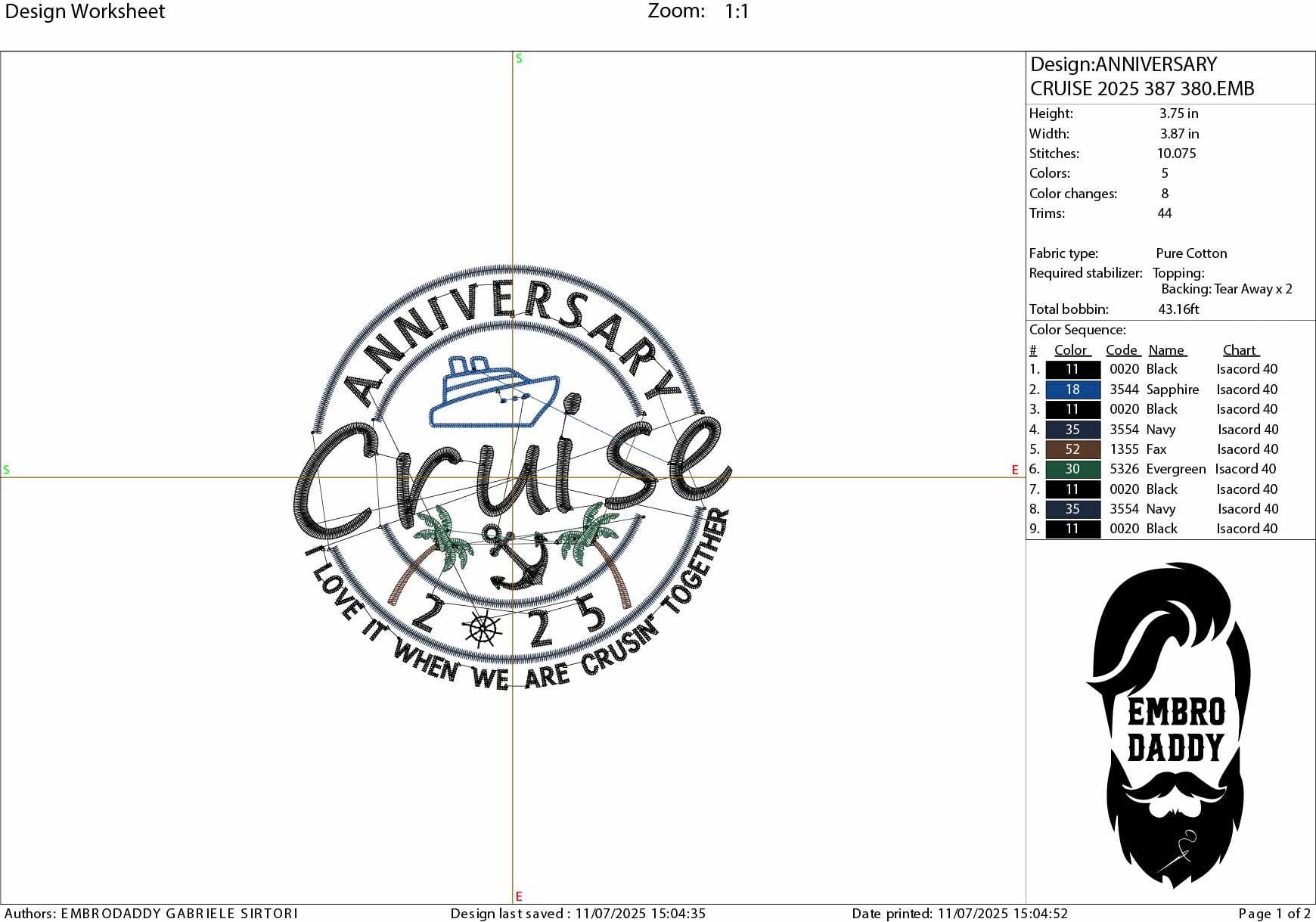 Machine Embroidery files, Anniversary Cruise 2025, cruisin' together, PES, xxx, hus & more, embroidery files