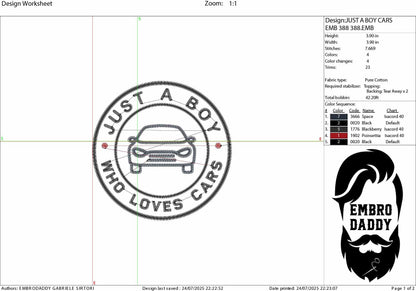Machine Embroidery files, Just a boy who loves cars, PES, xxx, hus & more