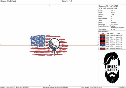 Machine Embroidery files, Golf Usa flag, embroidery file digitize for hat, American Flag PES, xxx hus & more