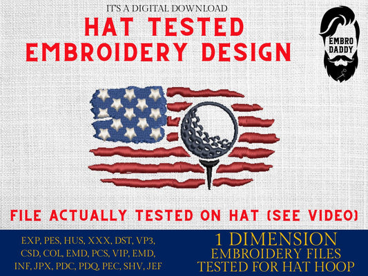 Machine Embroidery files, Golf Usa flag, embroidery file digitize for hat, American Flag PES, xxx hus & more