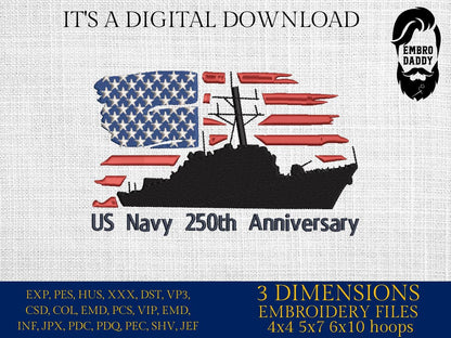 Machine Embroidery files, USA flag, Navy, destroyer, anniversary, PES, xxx, hus & more