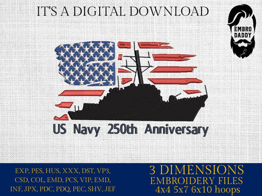Machine Embroidery files, USA flag, Navy, destroyer, anniversary, PES, xxx, hus & more