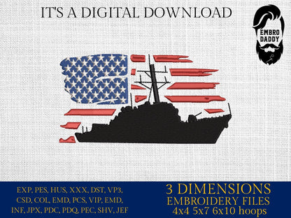 Machine Embroidery files, USA flag, Navy, destroyer, anniversary, PES, xxx, hus & more