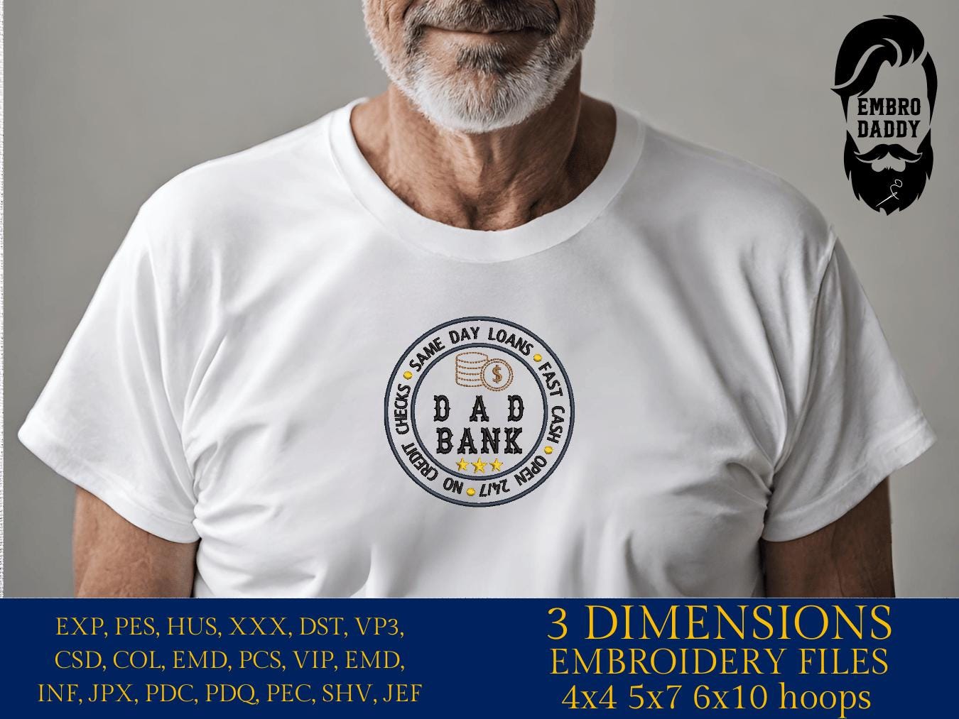 Machine embroidery files, Dad bank, no credit checks, PES, DST, hus & more