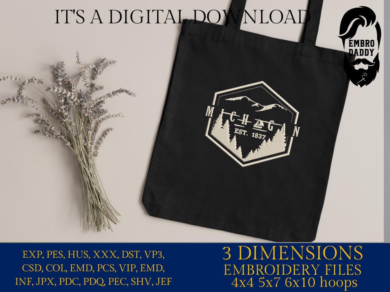 Machine Embroidery files, Michigan, est 1837, DST, PES, xxx hus & more