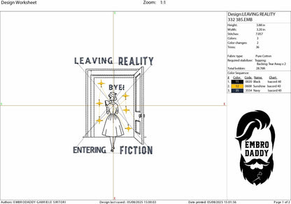 Machine Embroidery files, Leaving Reality Entering Fiction, Vintage, Woman Reading, Funny, Bookish, Reading Girl, PES, xxx, hus & more