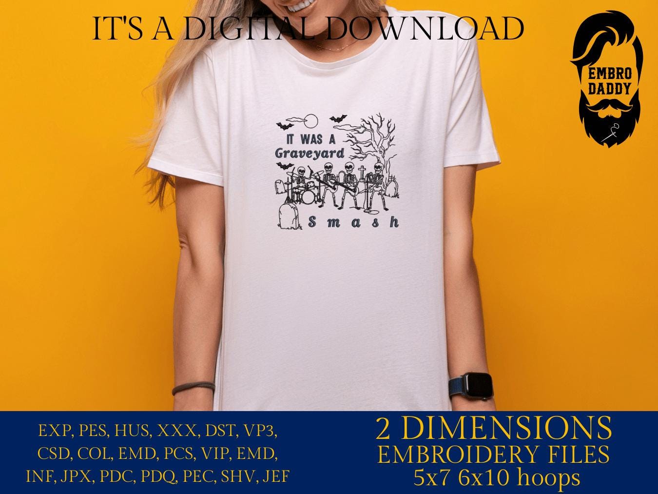 Machine Embroidery files, Graveyard smash, Funny, Spooky, Vintage, Halloween, Skeleton band, Ghost, PES, DST, xxx, hus and more