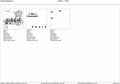 Machine Embroidery files, Graveyard smash, Funny, Spooky, Vintage, Halloween, Skeleton band, Ghost, PES, DST, xxx, hus and more