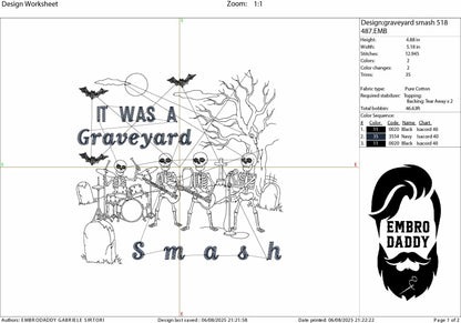 Machine Embroidery files, Graveyard smash, Funny, Spooky, Vintage, Halloween, Skeleton band, Ghost, PES, DST, xxx, hus and more