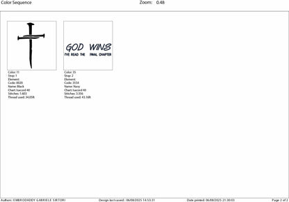 Machine Embroidery files, God Wins, God Wins Gift, Religious, Christian Gift, God Wins, Bible verse, Christ, PES, DST, xxx, hus & more