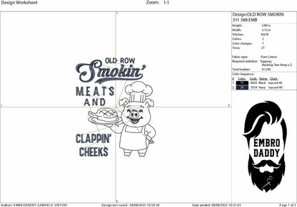 Machine Embroidery files, Old Row Smokin' Meats And Clapping Cheeks, Summer cookout, Funny BBQ Cookout Design, Summer, dst, PES, hus & more