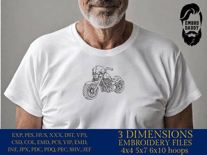 Machine Embroidery files, Skeleton Motorcycle, Skull, Chrome, Motor Repair Shop, Biker, Riding, Bike Rider Chopper, Logo, PES, DST, & more