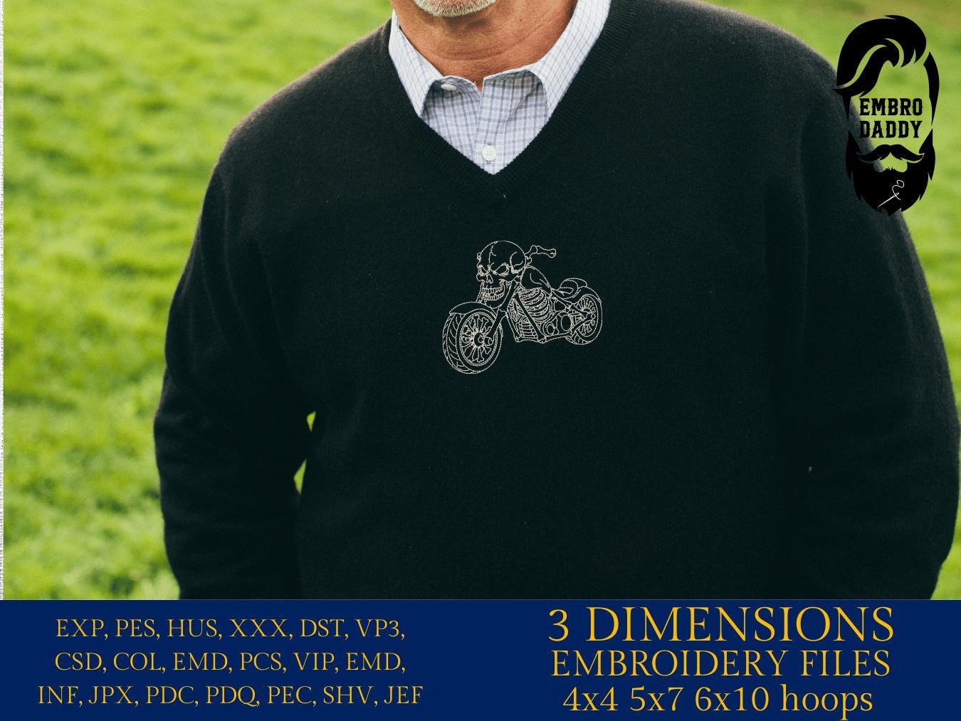 Machine Embroidery files, Skeleton Motorcycle, Skull, Chrome, Motor Repair Shop, Biker, Riding, Bike Rider Chopper, Logo, PES, DST, & more