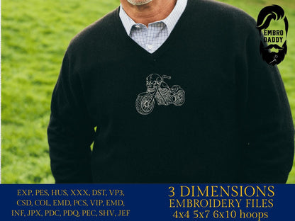 Machine Embroidery files, Skeleton Motorcycle, Skull, Chrome, Motor Repair Shop, Biker, Riding, Bike Rider Chopper, Logo, PES, DST, & more