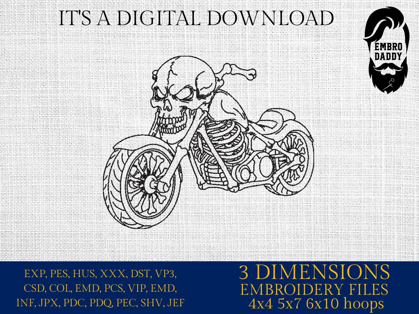 Machine Embroidery files, Skeleton Motorcycle, Skull, Chrome, Motor Repair Shop, Biker, Riding, Bike Rider Chopper, Logo, PES, DST, & more