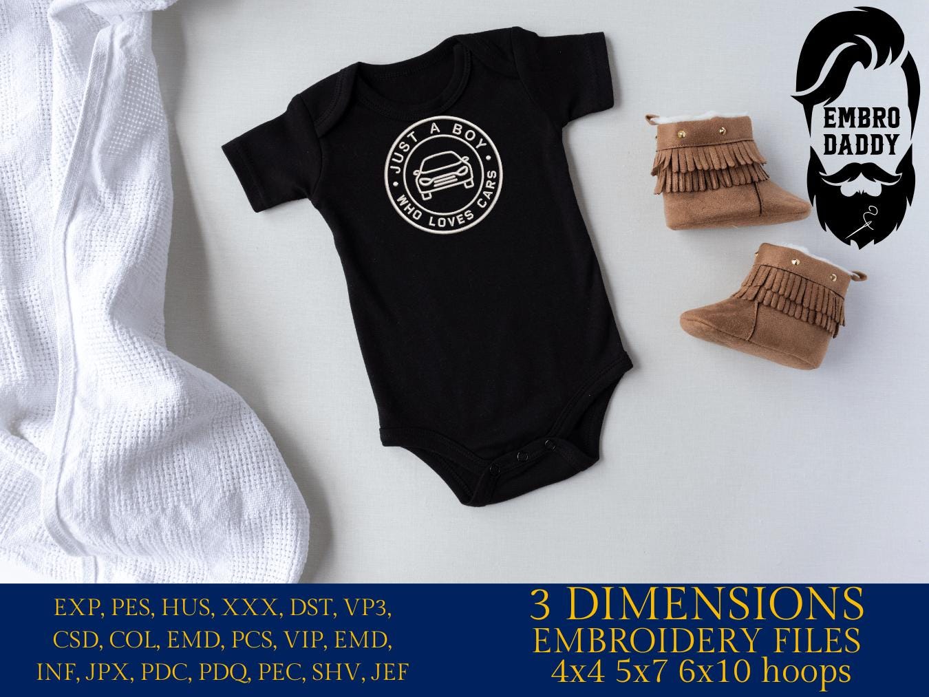 Machine Embroidery files, Just a boy who loves cars, PES, xxx, hus & more