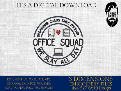 Machine Embroidery files, Office Squad, Teacher, Secretary, Coworker, Admin Squad, School Secretary PES, DST, xxx, hus and more