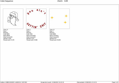 Machine Embroidery files, You Ain't Gettin' Shit, Trendy vintage retro Santa comic design, Santa, PES, DST, xxx, hus and more