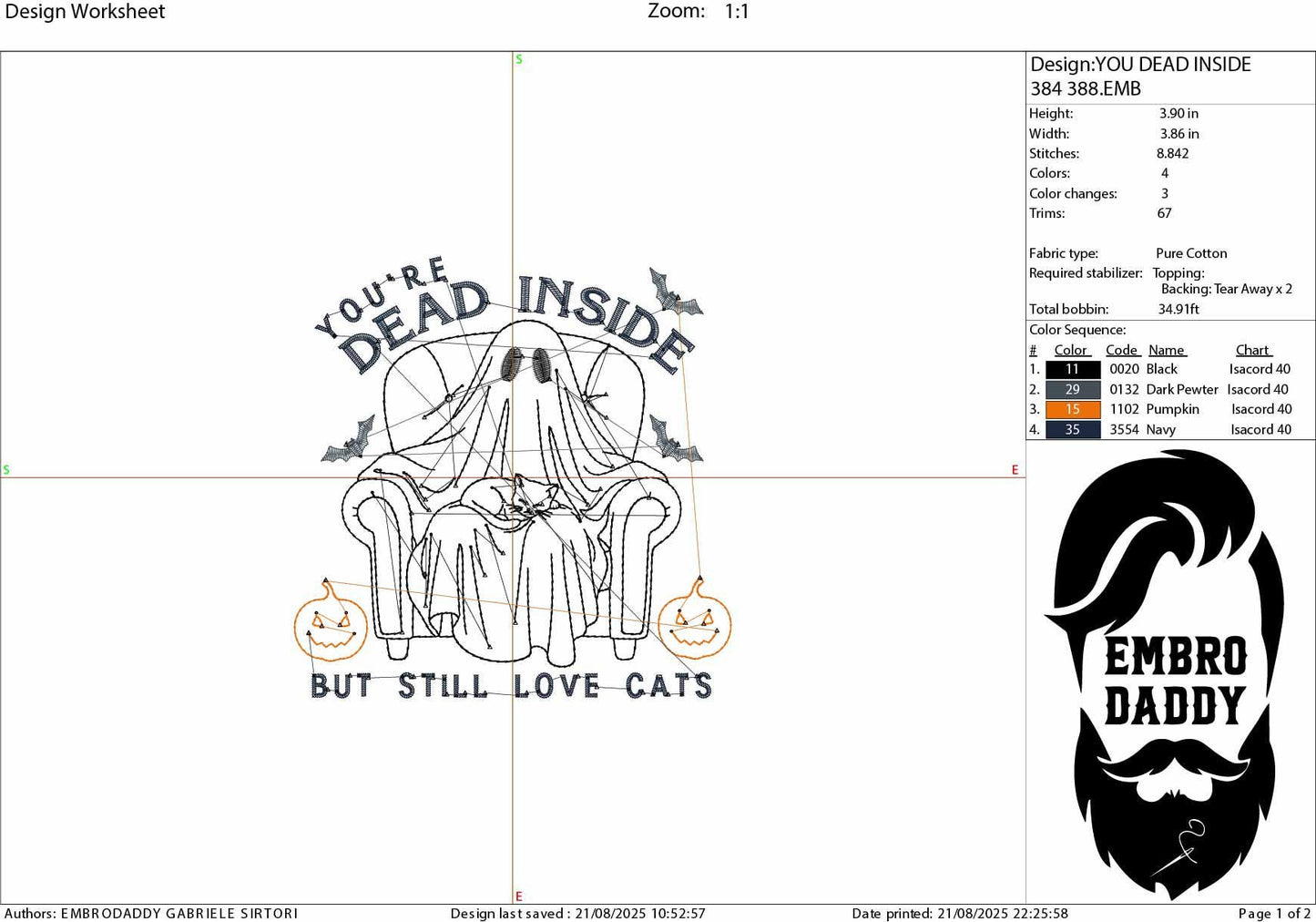 Machine Embroidery, Halloween, Ghost, you're dead inside but still love cats , funny Cat, PES, dst, xxx, hus and more