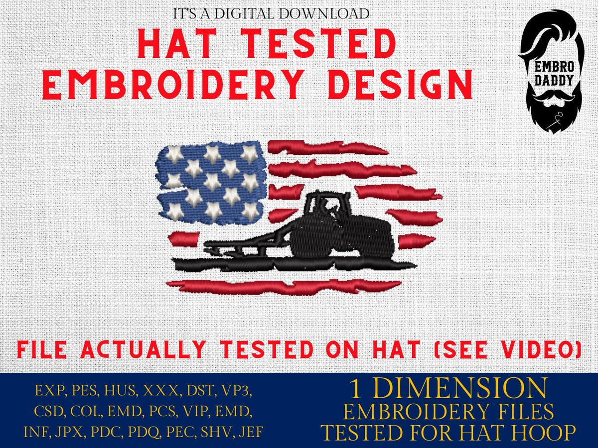 Machine Embroidery files, Usa Flag Tractor, embroidery file digitize for hat, American Flag PES, xxx hus & more
