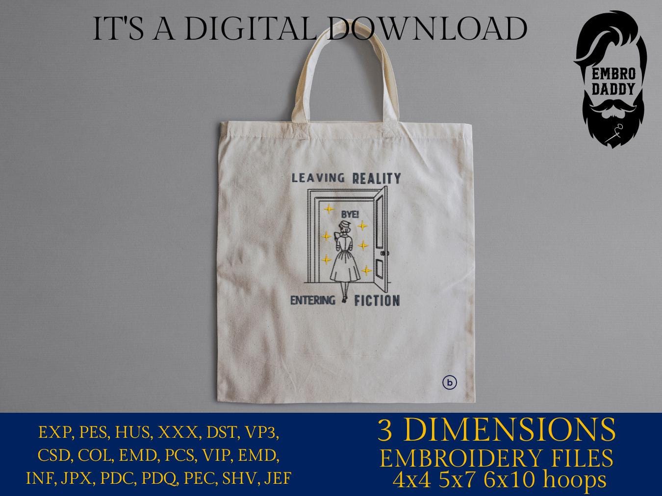 Machine Embroidery files, Leaving Reality Entering Fiction, Vintage, Woman Reading, Funny, Bookish, Reading Girl, PES, xxx, hus & more