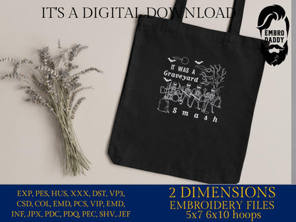 Machine Embroidery files, Graveyard smash, Funny, Spooky, Vintage, Halloween, Skeleton band, Ghost, PES, DST, xxx, hus and more