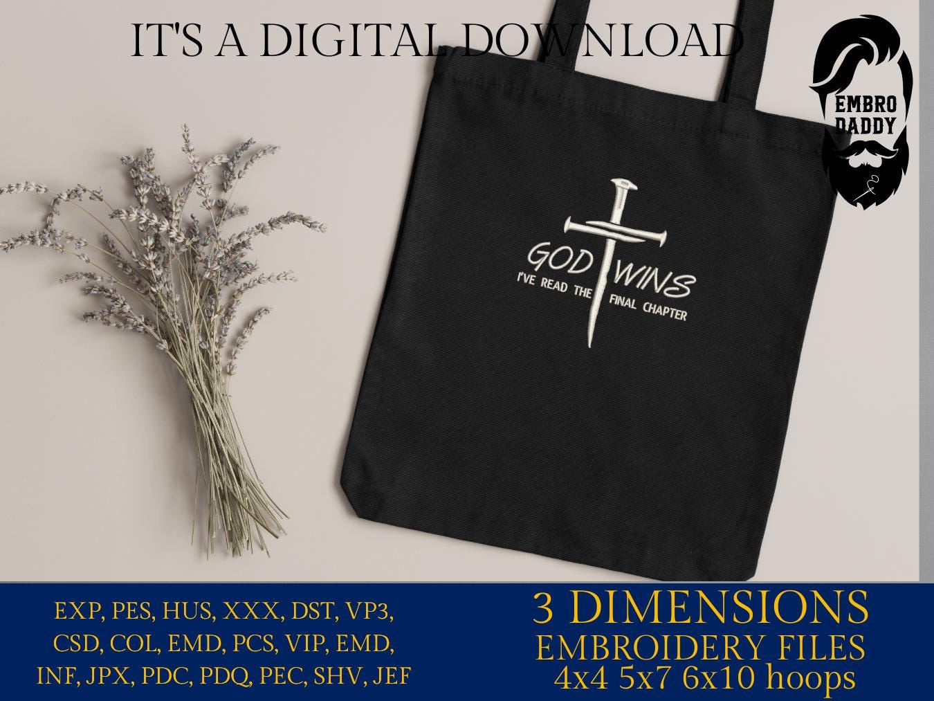 Machine Embroidery files, God Wins, God Wins Gift, Religious, Christian Gift, God Wins, Bible verse, Christ, PES, DST, xxx, hus & more