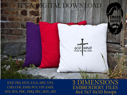 Machine Embroidery files, God Wins, God Wins Gift, Religious, Christian Gift, God Wins, Bible verse, Christ, PES, DST, xxx, hus & more