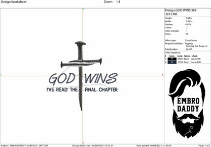Machine Embroidery files, God Wins, God Wins Gift, Religious, Christian Gift, God Wins, Bible verse, Christ, PES, DST, xxx, hus & more