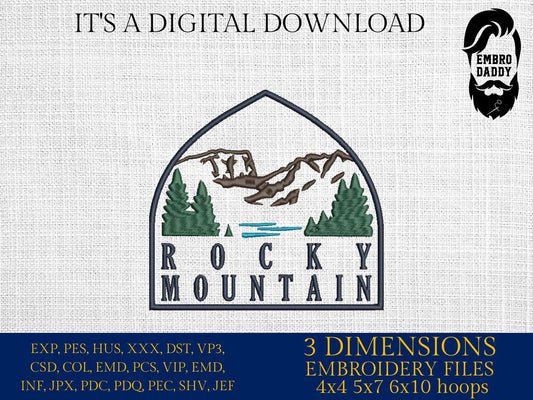 Machine embroidery files, Rocky Mountain National Park Emblem , PES, DST, hus & more