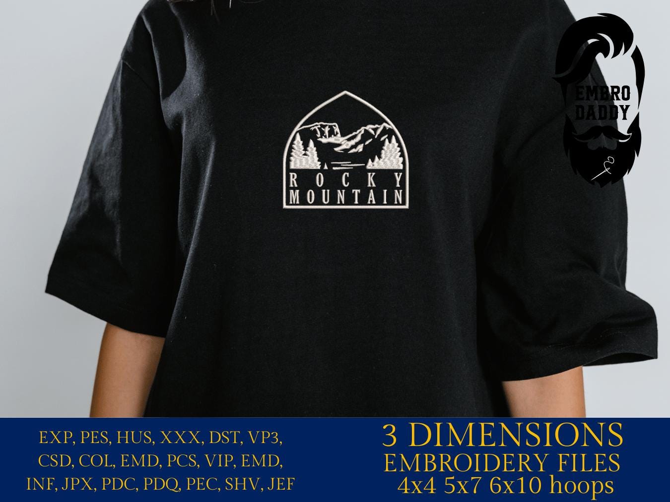 Machine embroidery files, Rocky Mountain National Park Emblem , PES, DST, hus & more