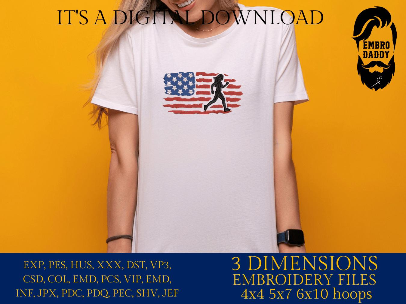 Machine Embroidery files, USA flag, woman running, run, girl, PES, xxx, dst, hus & more