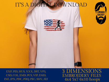 Machine Embroidery files, USA flag, woman running, run, girl, PES, xxx, dst, hus & more