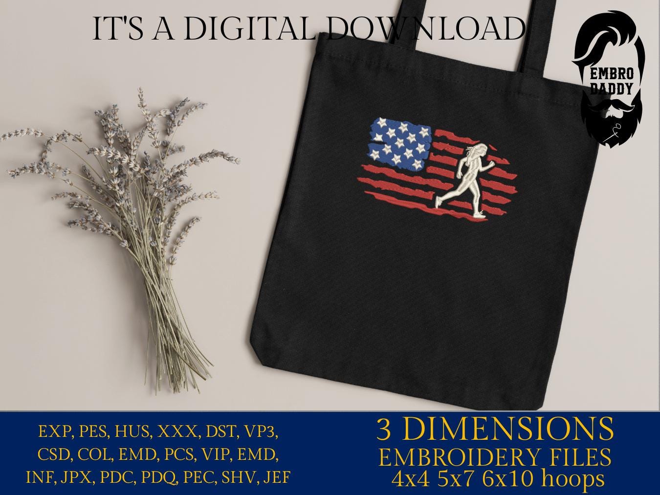 Machine Embroidery files, USA flag, woman running, run, girl, PES, xxx, dst, hus & more