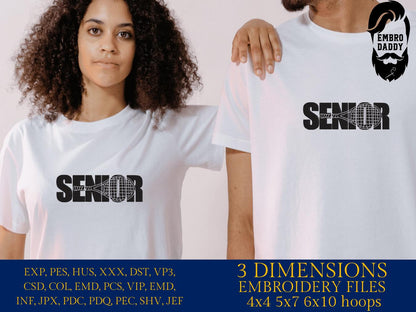 Machine Embroidery files, SENIOR with Tennis Racket Cutout for Players, Teams, Coaches PES, xxx, hus & more, fan embroidery files