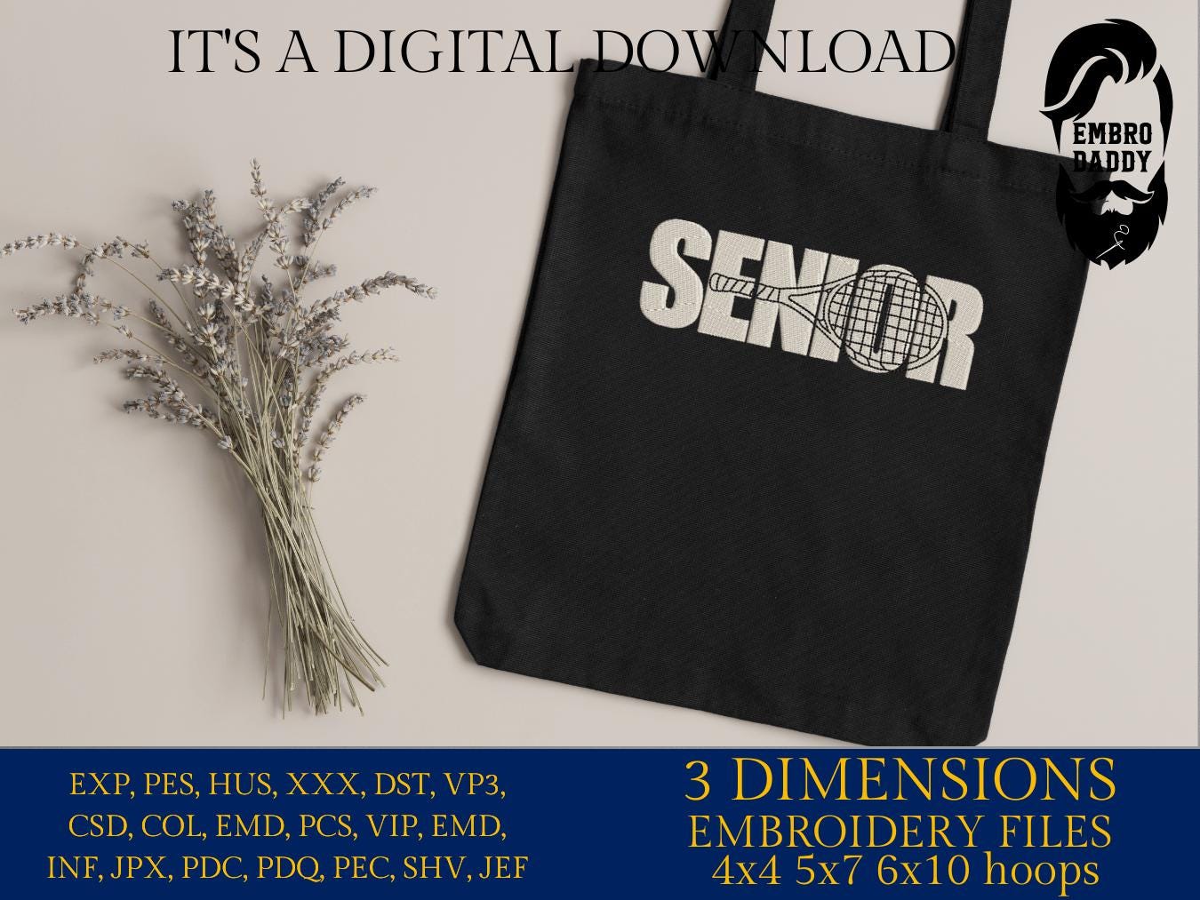 Machine Embroidery files, SENIOR with Tennis Racket Cutout for Players, Teams, Coaches PES, xxx, hus & more, fan embroidery files