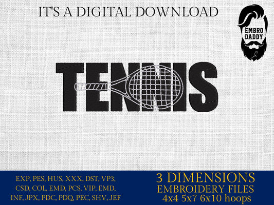 Machine Embroidery files, TENNIS with Tennis Racket Cutout for Players, Teams, Coaches PES, xxx, hus & more, fan embroidery files