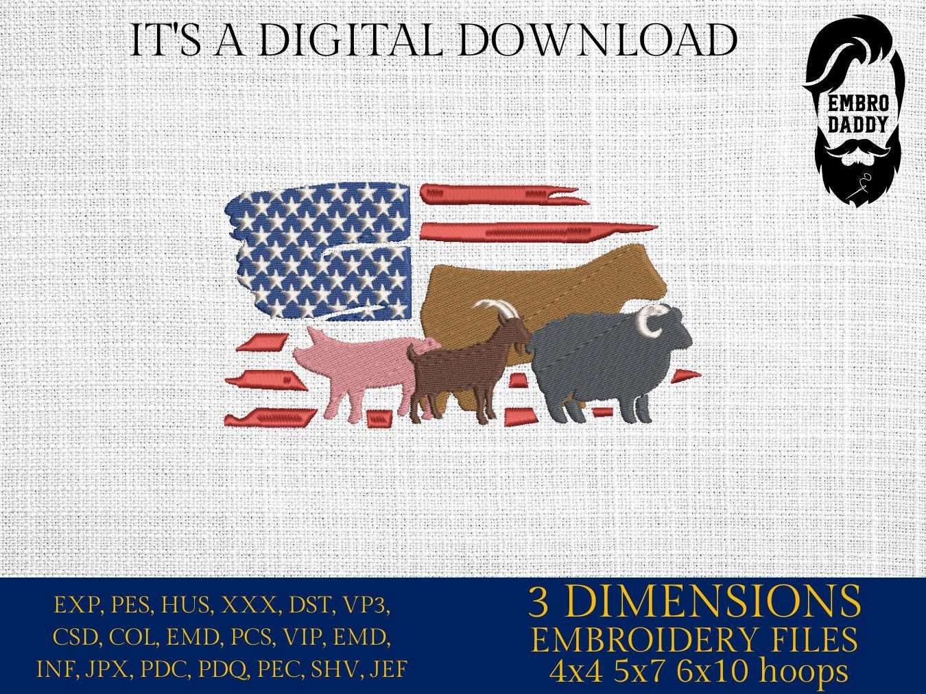 Machine Embroidery files, Usa flag, Show Livestock, Show flag pig, sheep, goat, steer, PES, dst, xxx hus & more