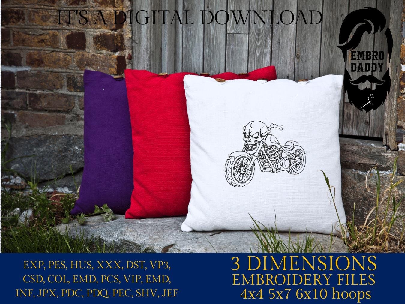 Machine Embroidery files, Skeleton Motorcycle, Skull, Chrome, Motor Repair Shop, Biker, Riding, Bike Rider Chopper, Logo, PES, DST, & more