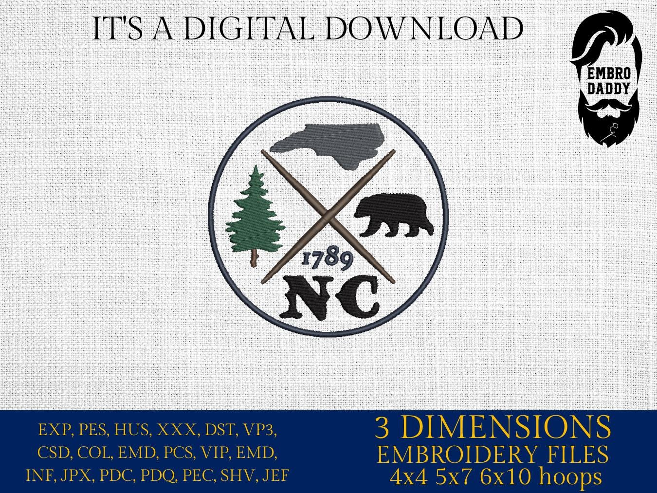Machine Embroidery files, North Carolina, est 1789, DST, PES, xxx hus & more