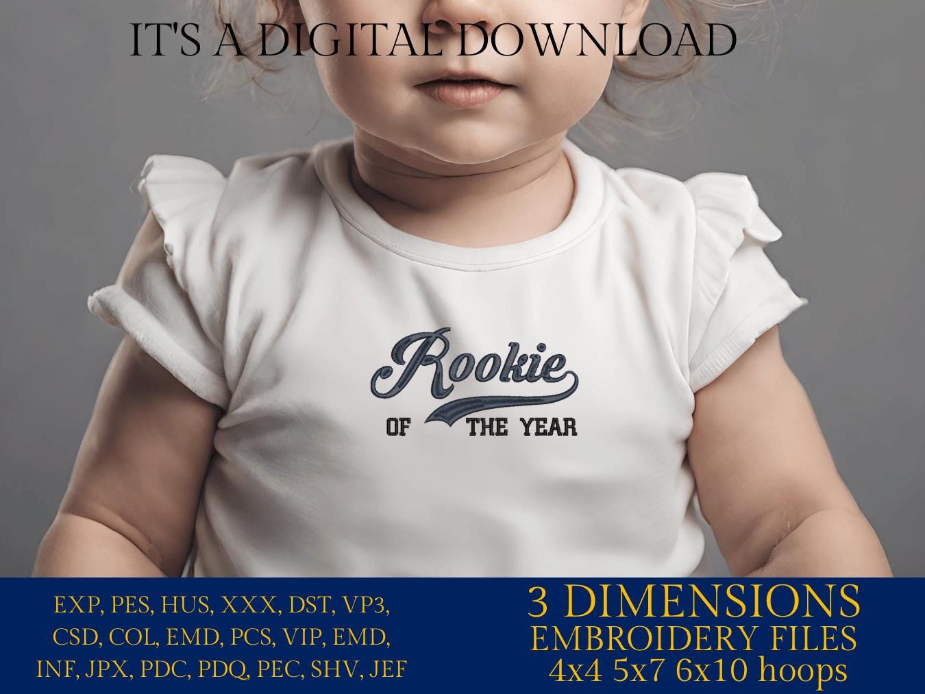 Machine Embroidery files, Baseball Style Swoosh Word "Rookie" with "of the Year" in Block Type, 1st Birthdays, DST, PES, xxx, hus & more