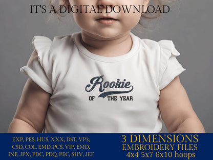 Machine Embroidery files, Baseball Style Swoosh Word "Rookie" with "of the Year" in Block Type, 1st Birthdays, DST, PES, xxx, hus & more