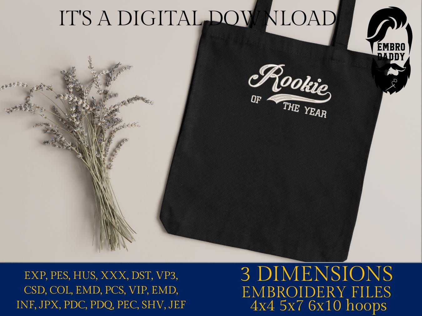 Machine Embroidery files, Baseball Style Swoosh Word "Rookie" with "of the Year" in Block Type, 1st Birthdays, DST, PES, xxx, hus & more