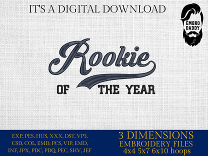Machine Embroidery files, Baseball Style Swoosh Word "Rookie" with "of the Year" in Block Type, 1st Birthdays, DST, PES, xxx, hus & more